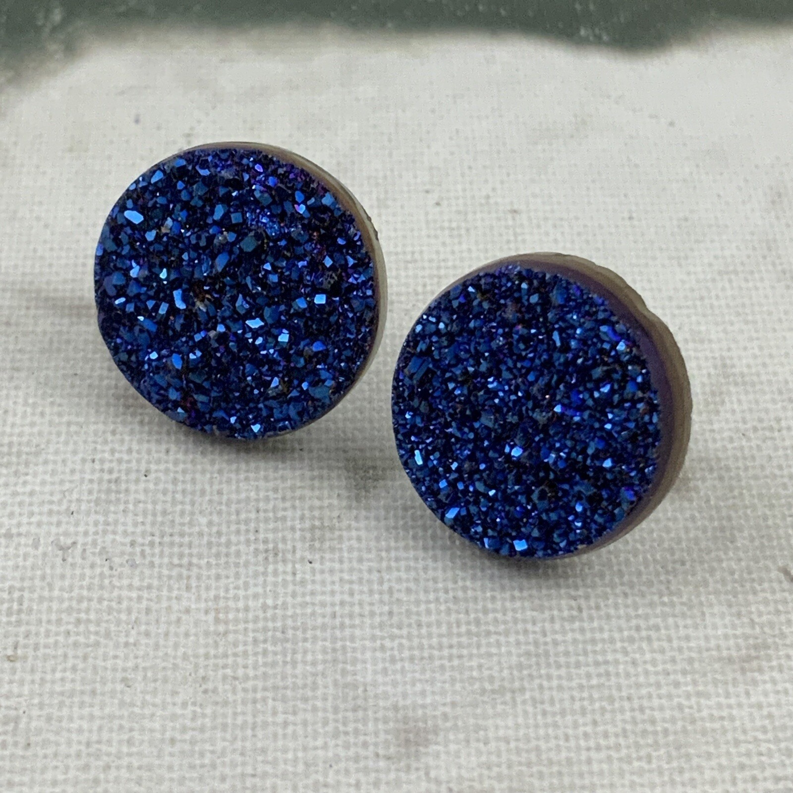 Stud Earrings Blue Sparkly Glitter Circles Vintage Retro 80's Fashion Jewelry